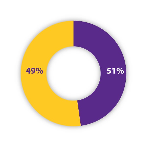 Pie chart graph illustrating the distribution of student ages. The graph is divided into two segments: 51% represented by a purple bar indicating students aged 25 or older, and 49% represented by a gold bar indicating students aged 24 or younger. The bars are labeled accordingly, highlighting the proportion of students in each age category.