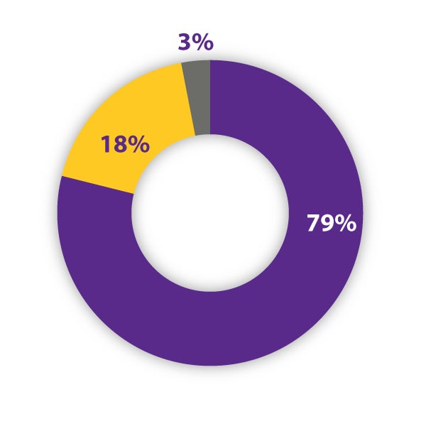 Pie chart depicting the breakdown of student attendance preferences. The chart includes three segments: 79% labeled 'Online Only' in purple, 18% labeled 'Hybrid' in gold, and 3% labeled 'On-campus' in gray. The percentages reflect the proportion of students in each attendance category.